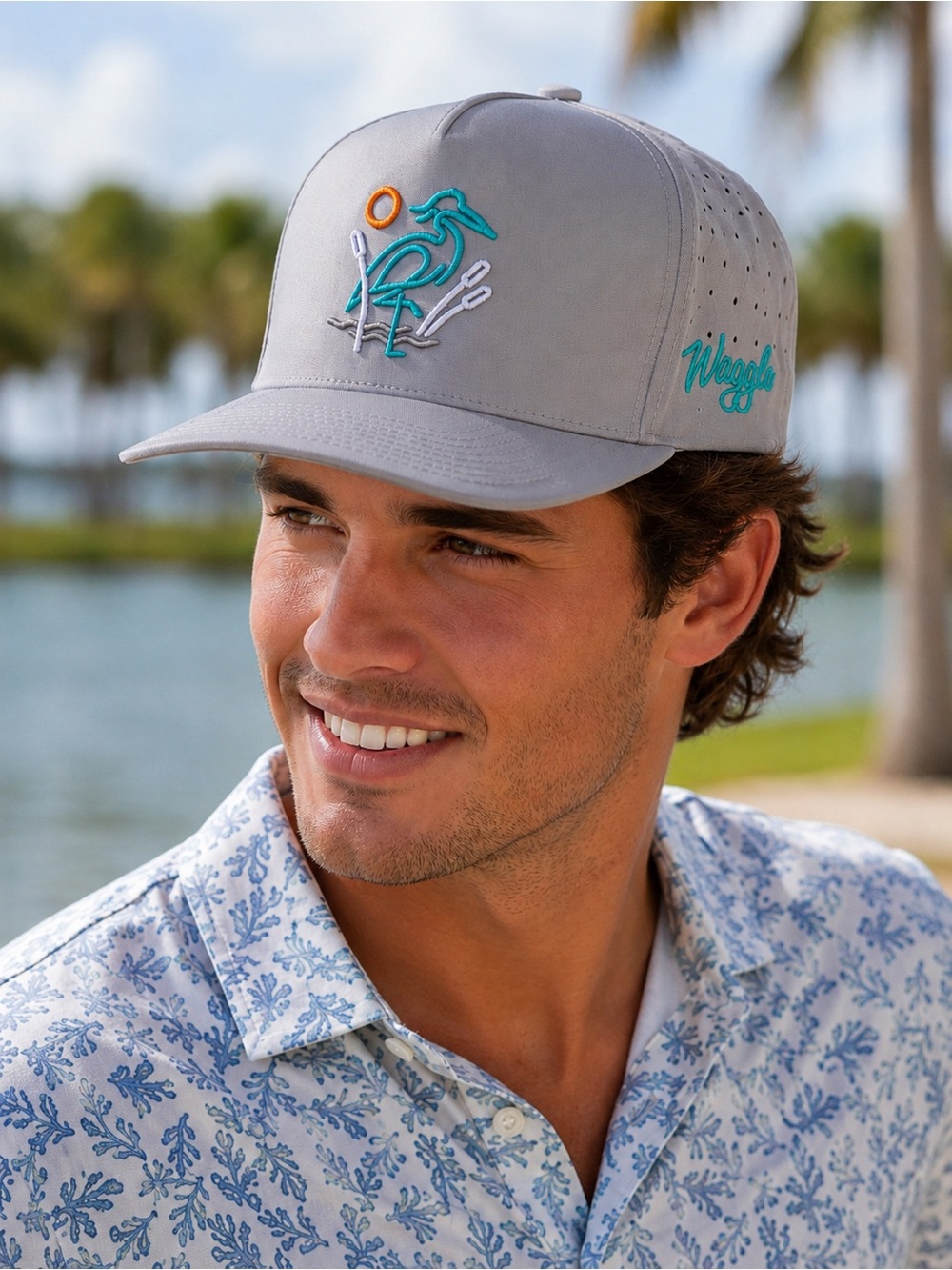 Waggle Great Blue Heron Performance Snapback Hat Gray Golf Cap NWT